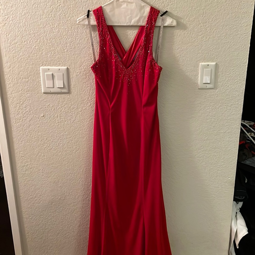 Red beaded floor length dress